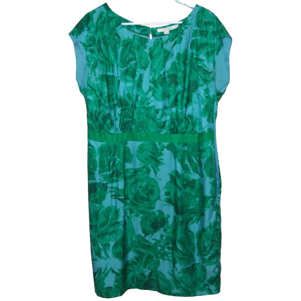 BODEN Floral Cap Sleeve Silk Blend Side Zip Blue Green Sheath Dress Size 14R